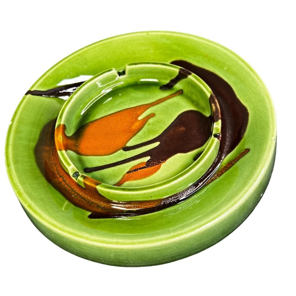 Vintage Royal Haeger Ashtray 2069 Round Green Orange Brown 8.25 inch - Picture 2 of 10